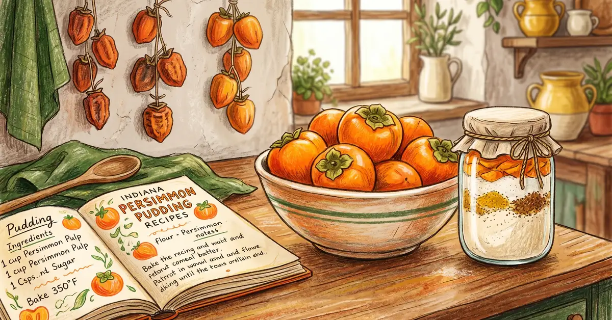 A homestead kitchen counter with ripe persimmons, a recipe book, and dried persimmon hoshigaki strings