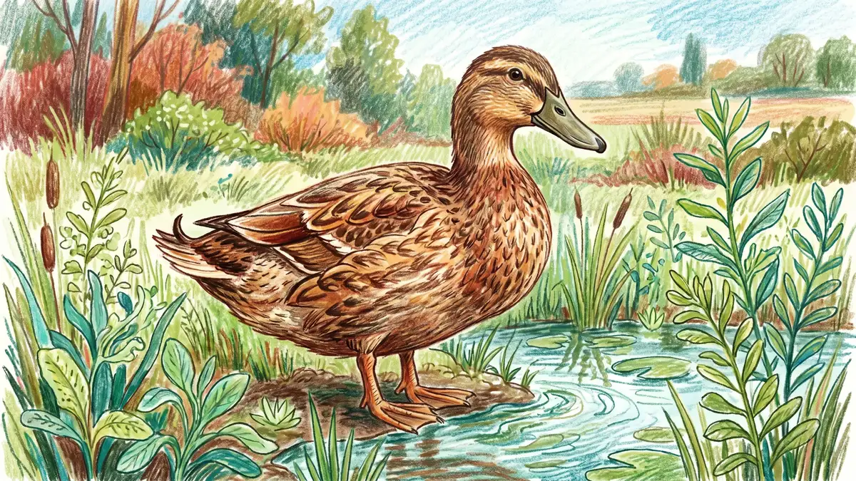 Pencil crayon close-up of a Khaki Campbell duck with brown plumage at the edge of a pond with green water plants