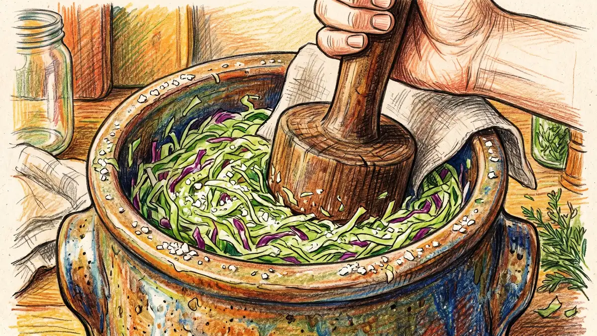 Pencil crayon close-up of a ceramic fermentation crock with cabbage being pressed for sauerkraut