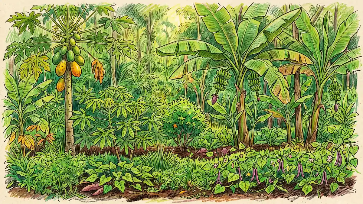 Pencil crayon close-up of a syntropic agroforestry row with banana, papaya, cassava, and ground cover greens in dense vertical layers