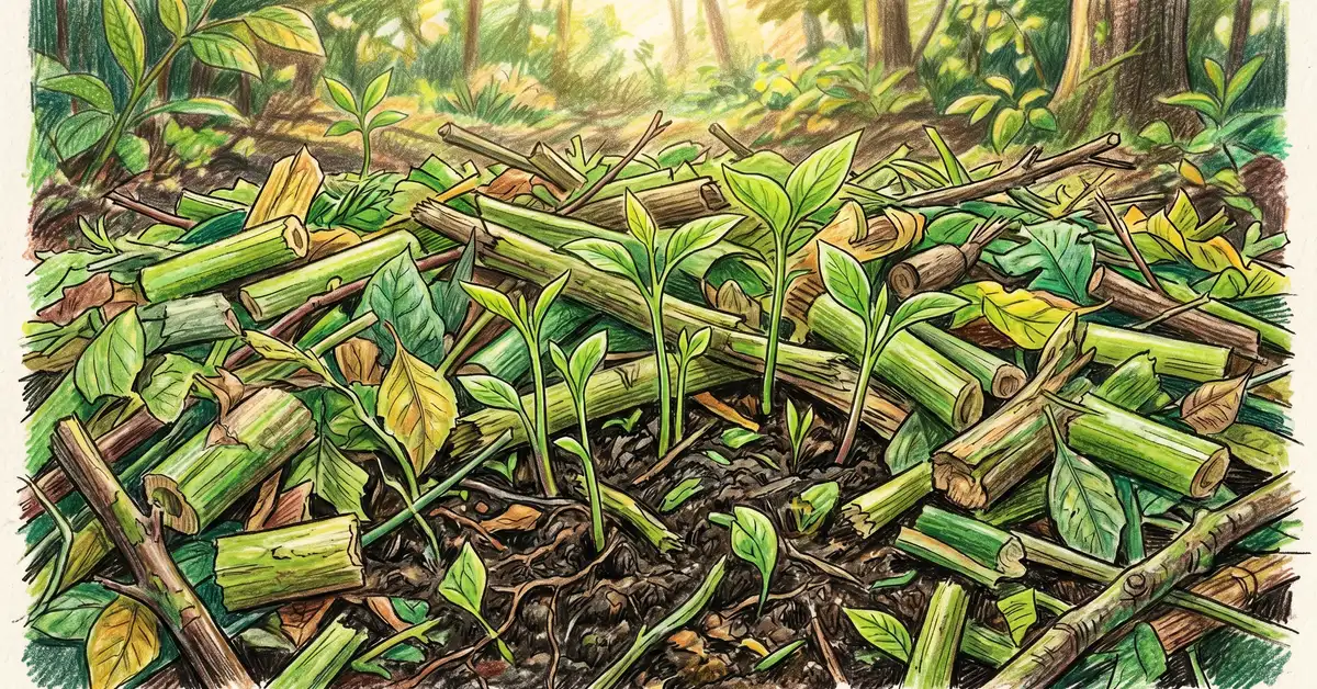 Pencil crayon close-up of thick freshly chopped green biomass mulch on dark soil with new shoots pushing up