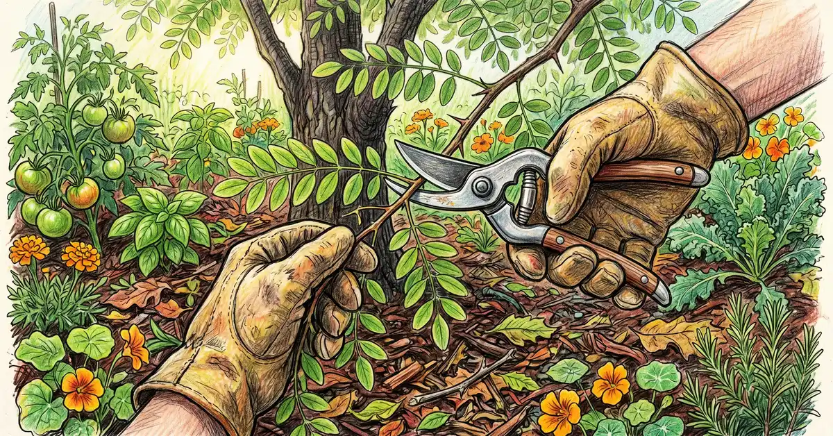 Pencil crayon close-up of a gardener's gloved hands pruning a black locust biomass tree with pruning shears