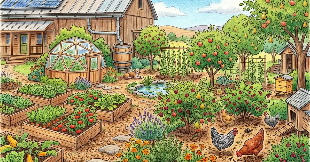 US permaculture homestead with chicken coop, food forest, swale, and house integrated into the design