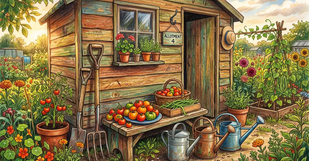 Pencil crayon close-up of a wooden allotment shed with watering cans, tools, ripe tomatoes and runner beans