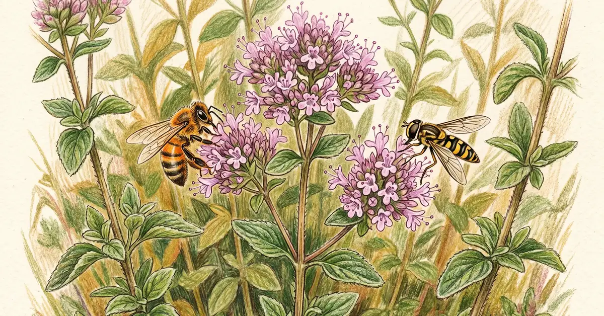 A close-up of an oregano plant flowering with bees and a hoverfly visiting the blossoms