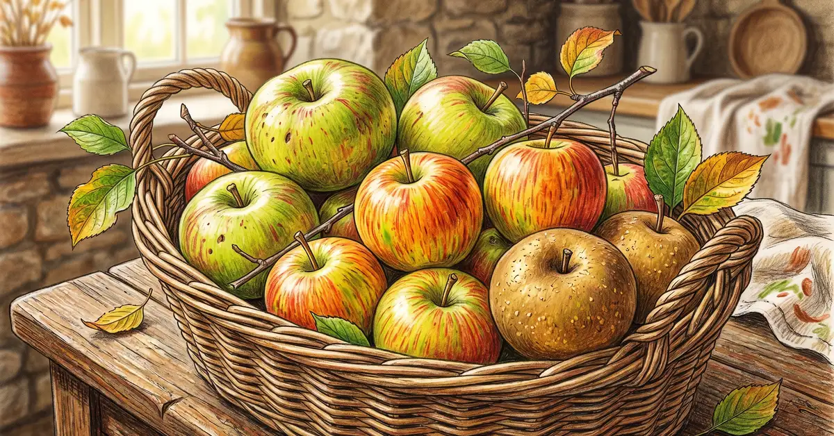 Pencil crayon close-up of British heritage apple varieties in a wicker basket on a wooden table