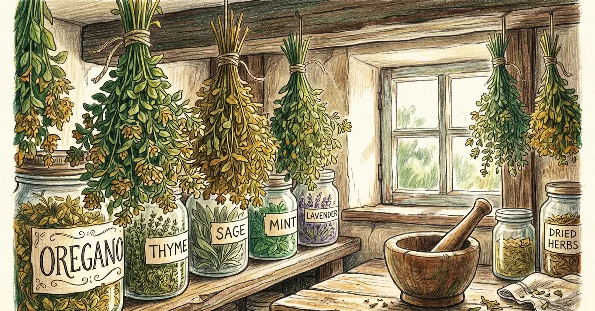 Bunches of oregano hanging upside down in a homestead pantry with glass jars on a shelf