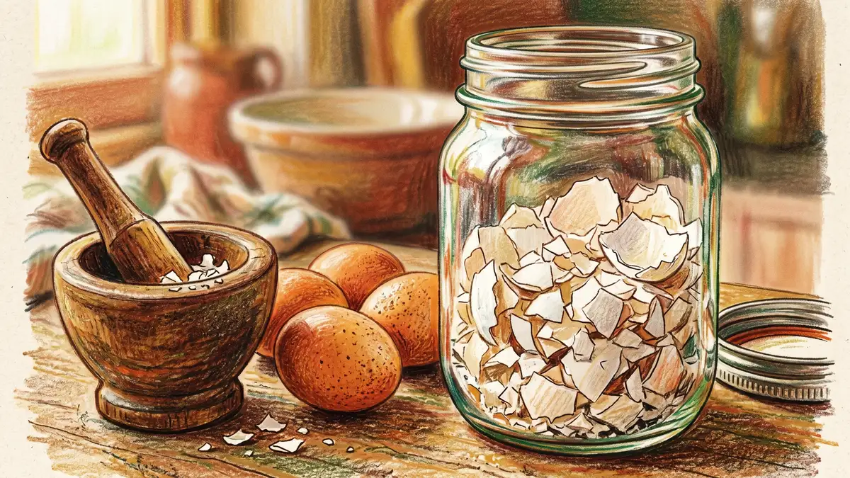Pencil crayon close-up illustration of crushed white eggshells in a glass jar next to a mortar and pestle