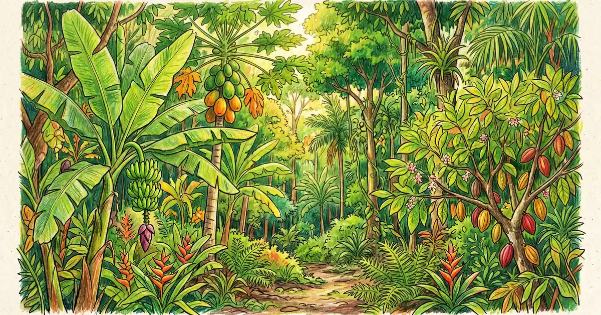Pencil crayon close-up of a restored Brazilian rainforest farm with banana, papaya, cocoa, and native trees