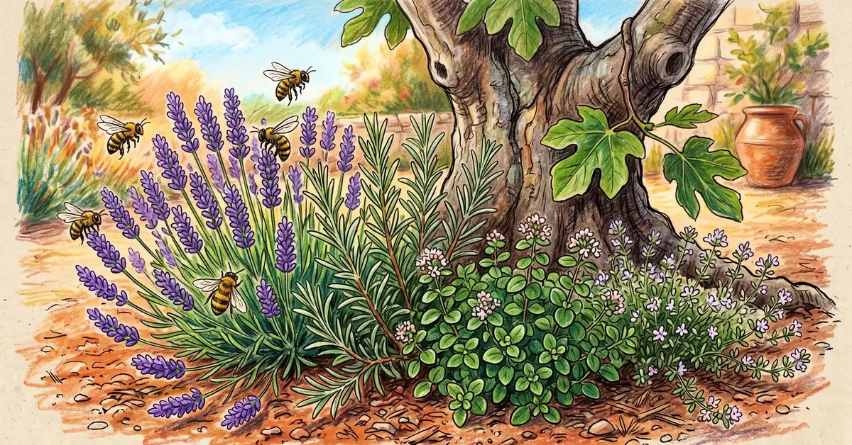 Pencil crayon close-up of Mediterranean herbs around a fig tree base with honey bees on lavender