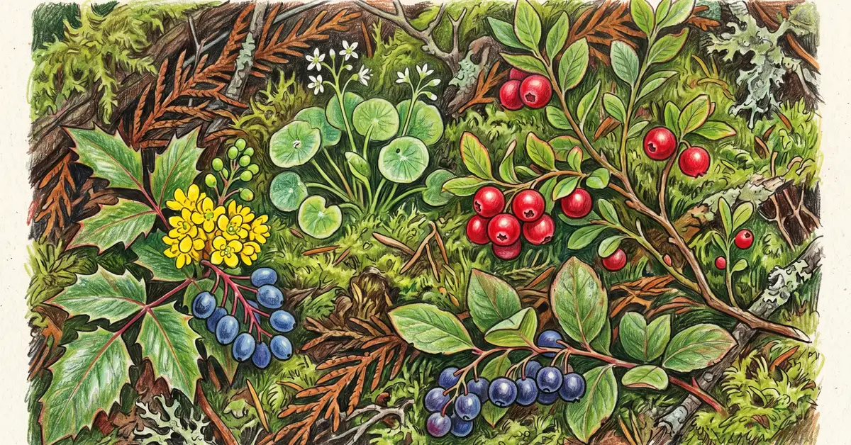 Pencil crayon close-up of native PNW edible plants: red huckleberry, salal, Oregon grape, miner's lettuce