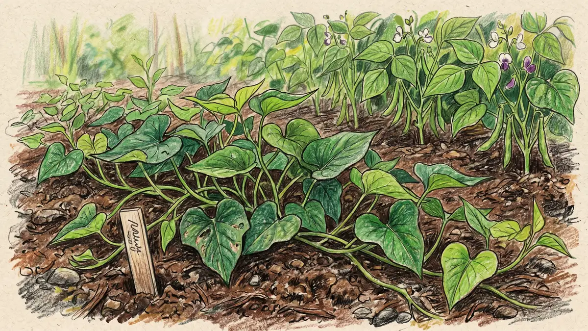 Pencil crayon close-up illustration of sweet potato vines trailing across rich brown garden soil with bush beans behind