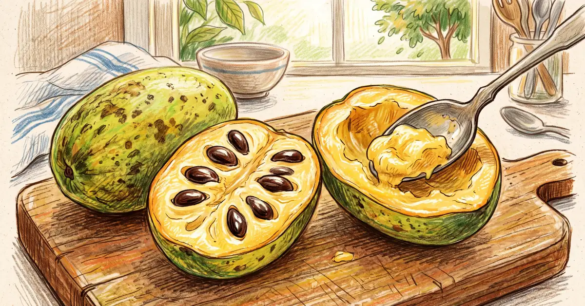 Pencil-crayon close-up of two ripe pawpaw fruits split open on a cutting board, showing creamy golden-yellow custard flesh and large brown seeds