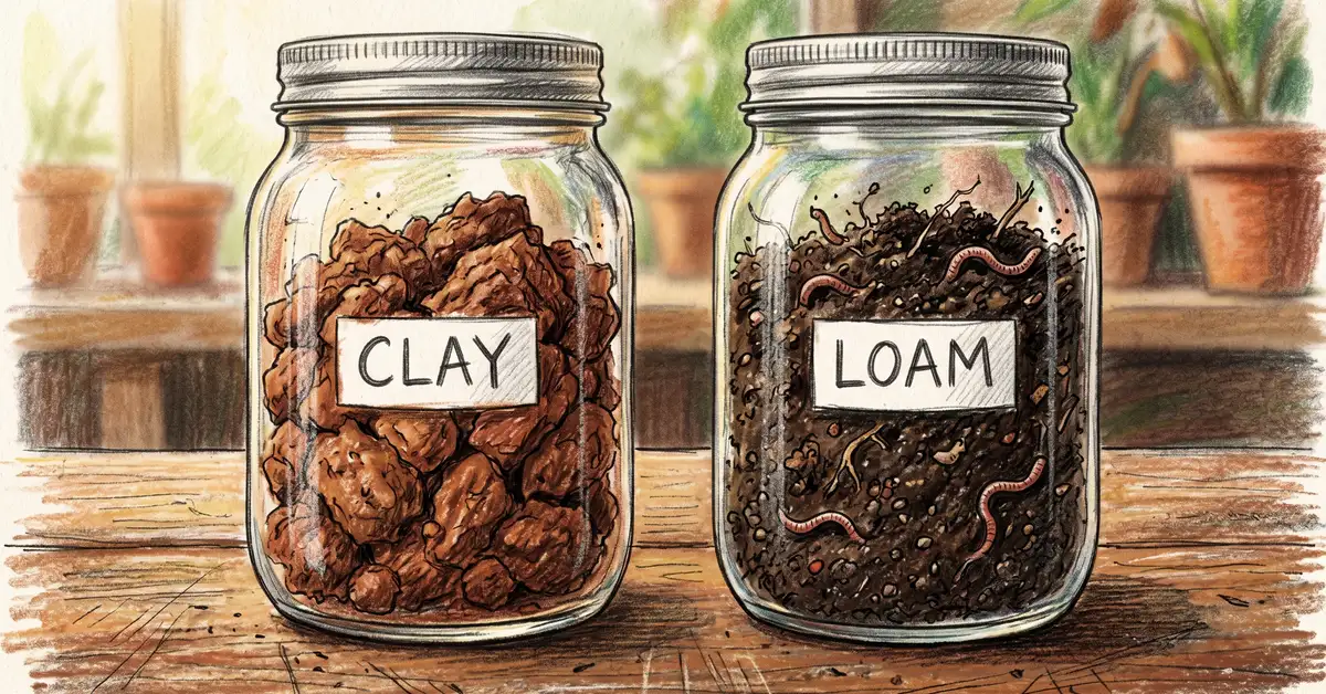 Pencil crayon close-up of two soil samples in jars: dense red clay on left, dark crumbly loam on right