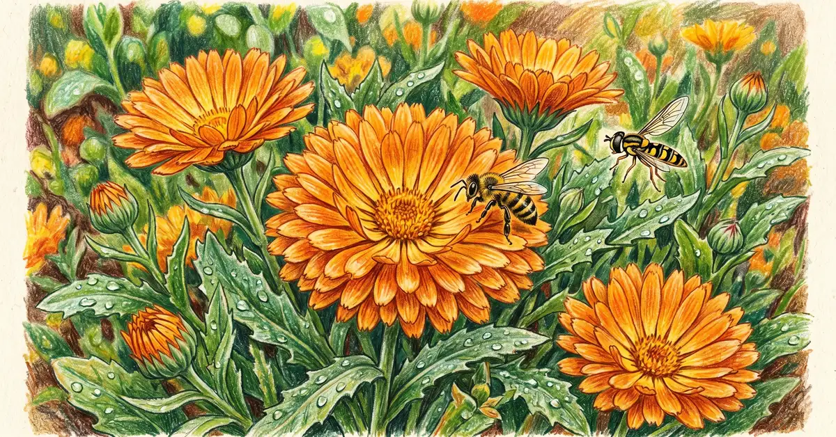 Pencil crayon close-up of vibrant orange calendula flowers with a honey bee