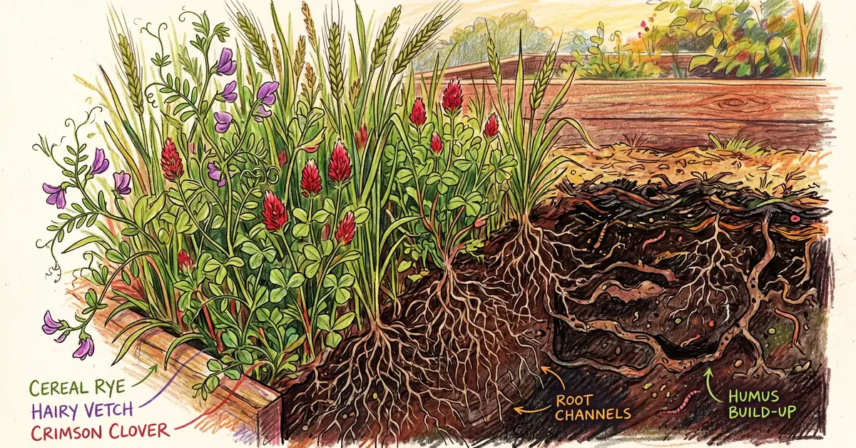 Close-up pencil crayon illustration of a backyard cover crop bed with cereal rye, hairy vetch, and crimson clover with deep root channels visible in soil cross-section