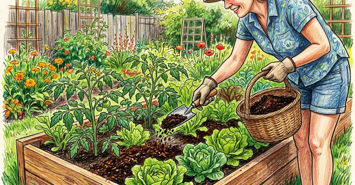 Close-up pencil crayon illustration of a backyard gardener spreading dark finished compost as topdressing over a raised vegetable bed with lettuce and tomato plants