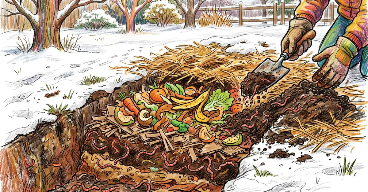 Pencil crayon close-up of a backyard winter trench composting setup with kitchen scraps, shredded cardboard bedding, and red wiggler worms covered with soil and straw mulch
