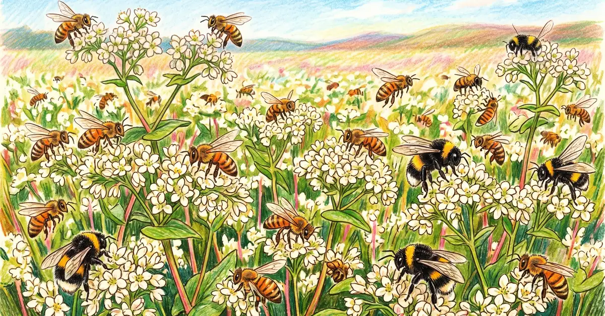 Pencil-crayon close-up of a buckwheat field in full bloom with dozens of honeybees and bumblebees visiting the white flower clusters