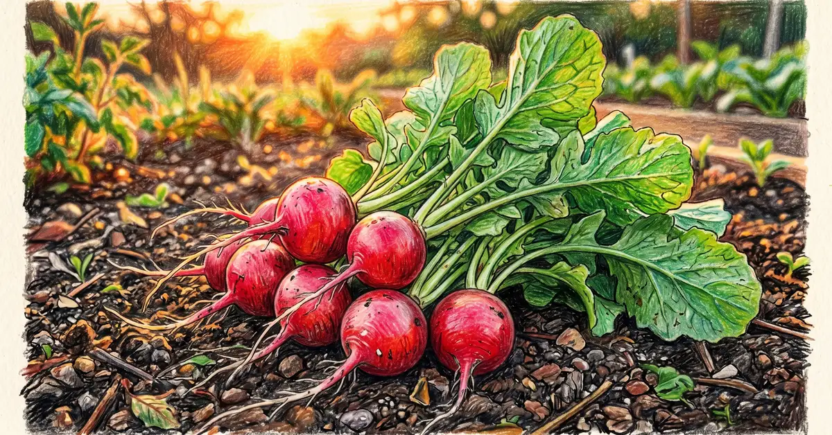 Pencil crayon close-up of freshly pulled bright red Cherry Belle radishes with green tops on dark garden soil