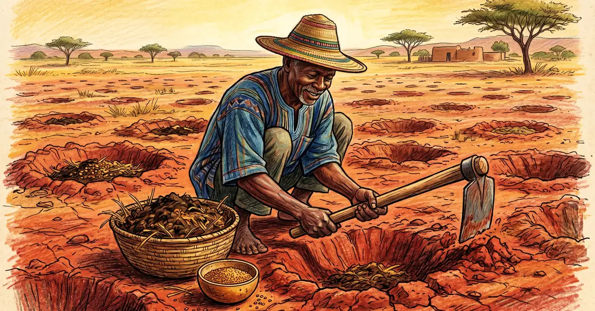 Pencil-crayon close-up of a Burkinabe farmer digging zai pit planting basins in dry red Sahel soil with compost and millet seeds ready to drop into each pit
