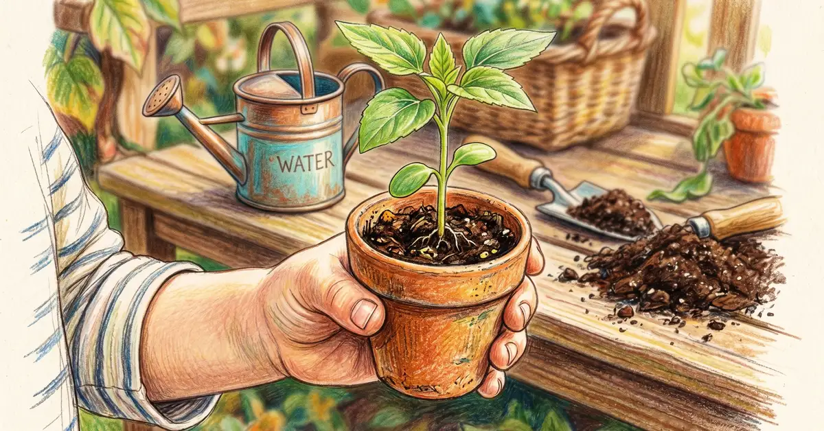 Pencil-crayon close-up of a child's hand holding a single sunflower seedling in a small pot with soil and a watering can nearby