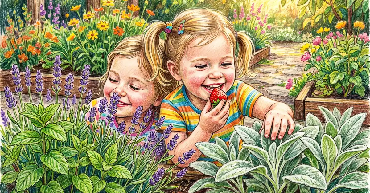 Pencil-crayon close-up of a child's sensory garden with lamb's ear being touched, lavender and mint being smelled, and a ripe strawberry being tasted