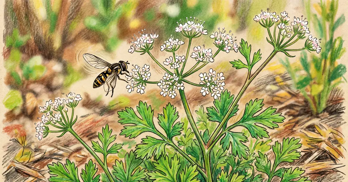 Close-up of a cilantro plant in flower with a hoverfly visiting the umbel.
