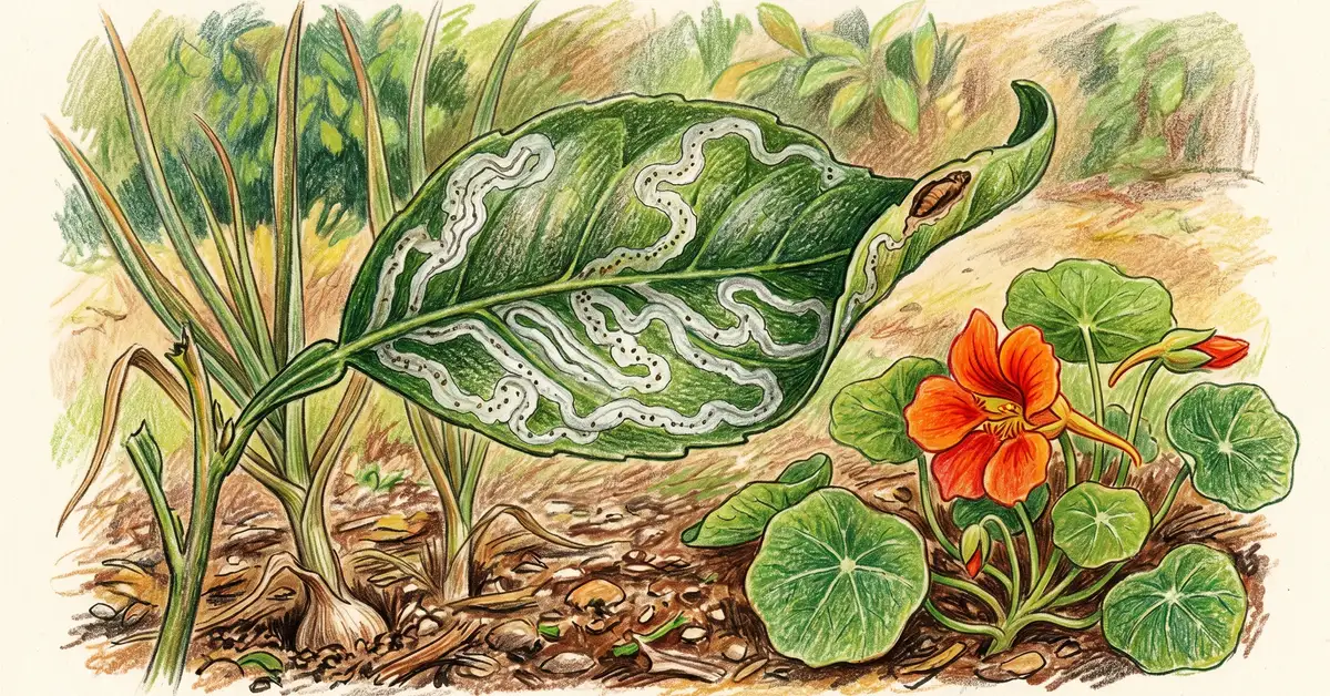 Pencil-crayon close-up of a citrus leaf with silvery serpentine citrus leafminer trail damage and garlic and nasturtium nearby as natural deterrents