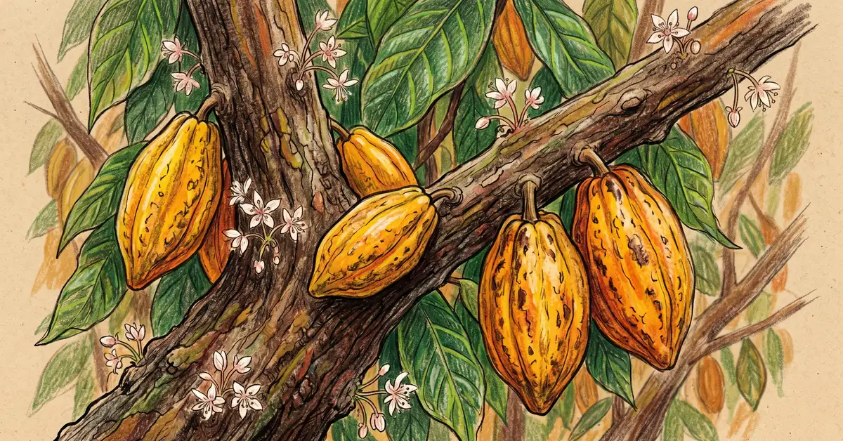 Pencil-crayon close-up of a cocoa tree branch with several yellow and orange ripe Theobroma cacao pods attached directly to the trunk with green leaves and small white flowers