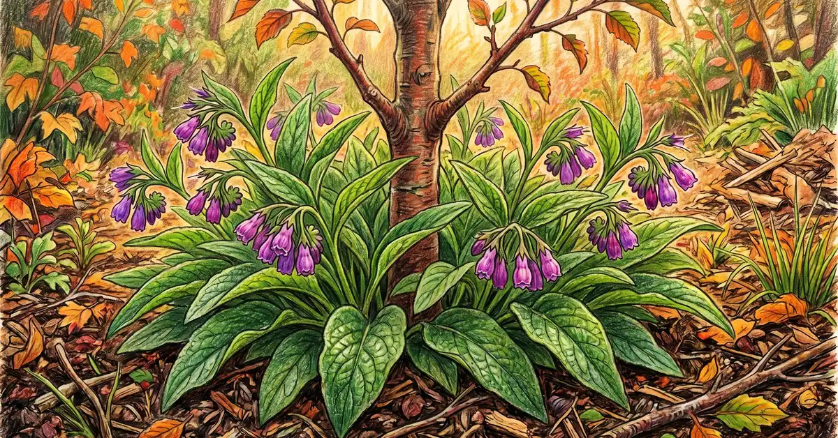 Close-up illustration of a comfrey plant with broad leaves growing as a placenta around a fruit tree.