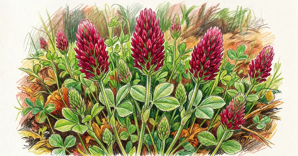 Pencil-crayon close-up of a crimson clover plant in full 50% bloom showing the deep crimson flower heads emphasized as the ideal termination moment