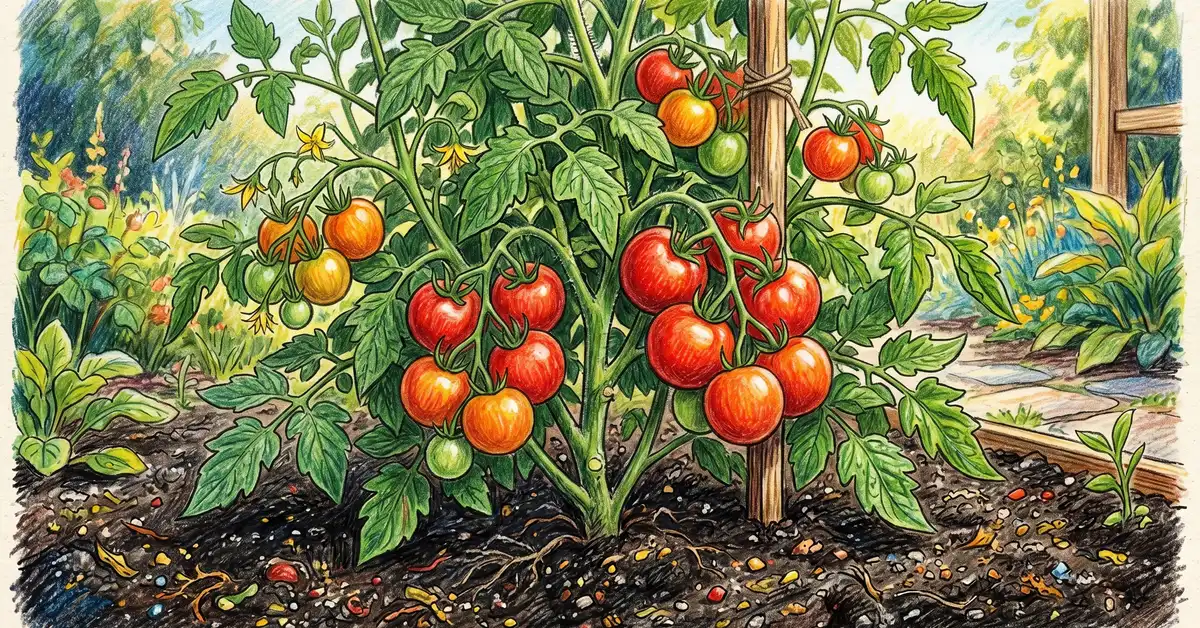 Pencil-crayon close-up of a flourishing tomato plant with ripening red fruit growing in dark healthy soil amended with kelp meal