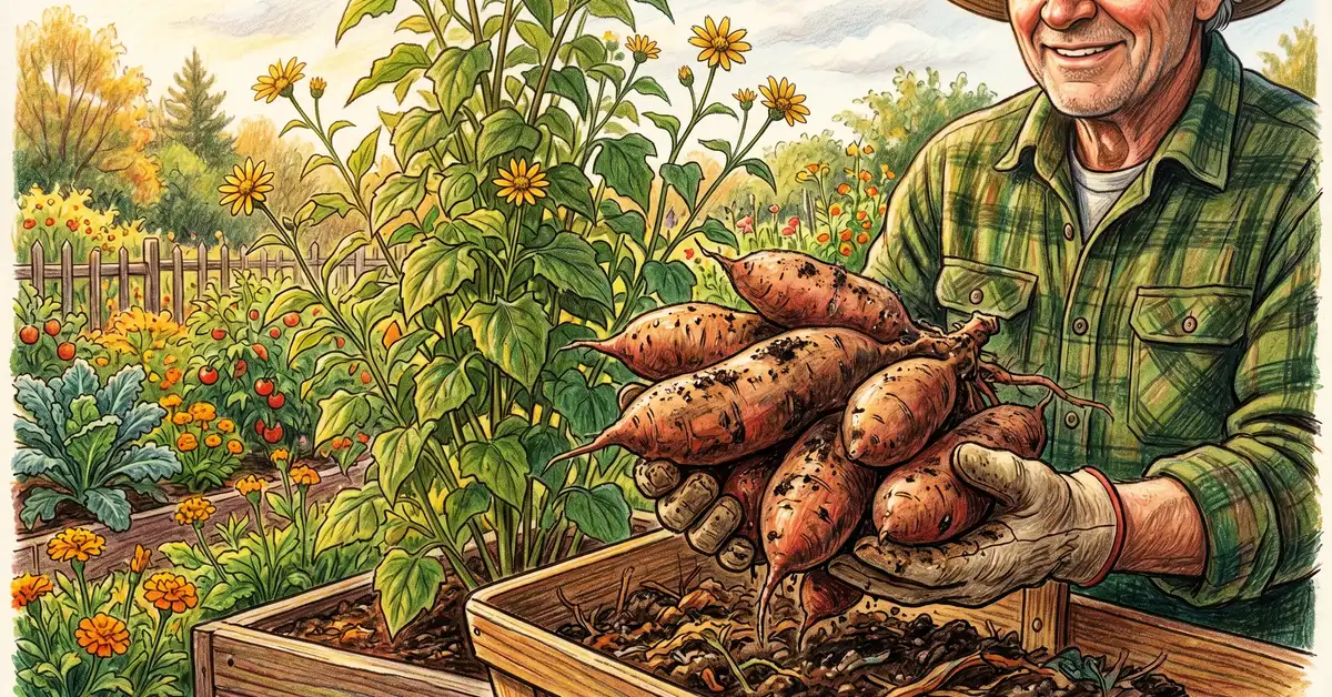 Pencil-crayon close-up of a freshly harvested cluster of large yacon tubers being held by a gardener with the tall daisy-like yacon plant visible behind