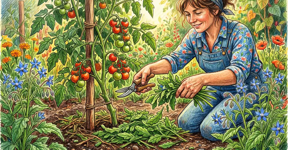 Pencil-crayon close-up of a gardener chopping borage stems and leaves and dropping them as green mulch around the base of a tomato plant in summer