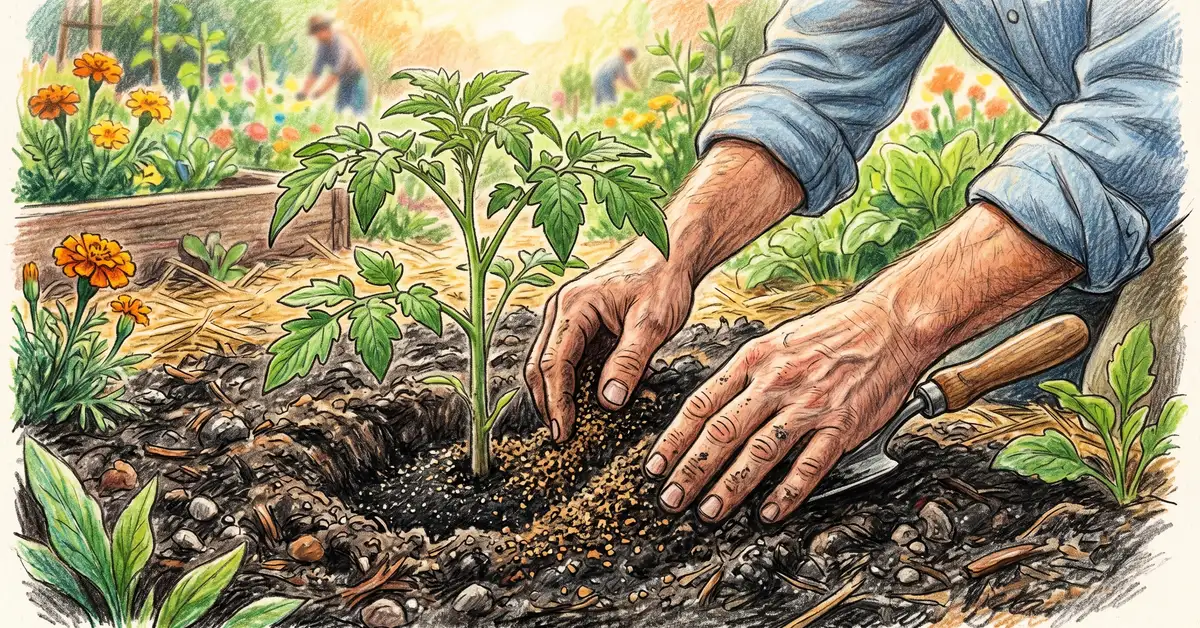 Pencil-crayon close-up of a gardener mixing kelp meal into the soil at the base of a young tomato transplant