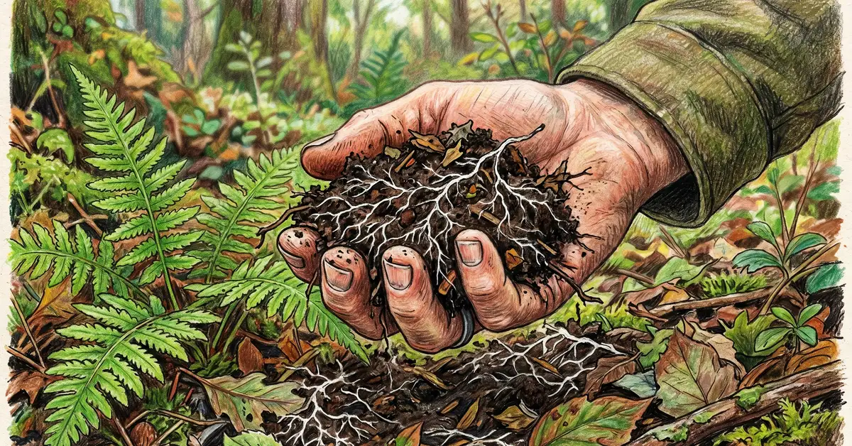 Close-up pencil crayon illustration of a gardener's hand holding rich dark humus-rich forest floor soil with white mycelium fungal threads and fern nearby
