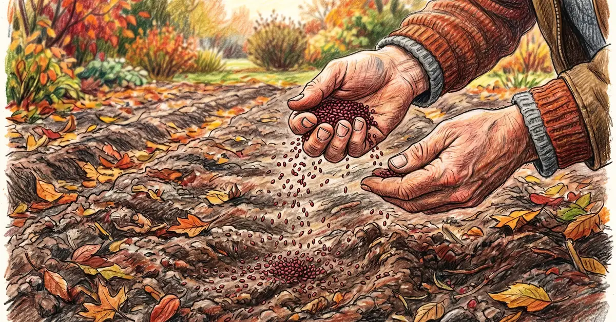 Pencil-crayon close-up of a gardener's hands broadcasting crimson clover seeds over a prepared autumn garden bed