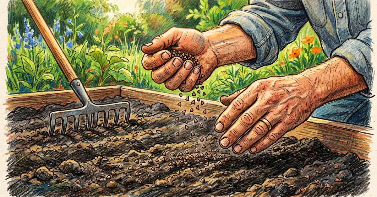 Pencil-crayon close-up of a gardener's hands broadcasting small triangular buckwheat seeds over a prepared summer garden bed with bare soil and a rake nearby