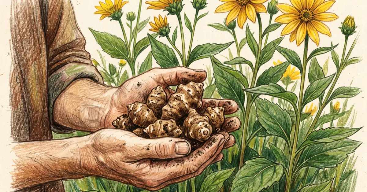 Pencil-crayon close-up of a gardener's hands holding freshly dug knobby brown sunchoke tubers with the tall yellow sunflower-like blooms visible in the background
