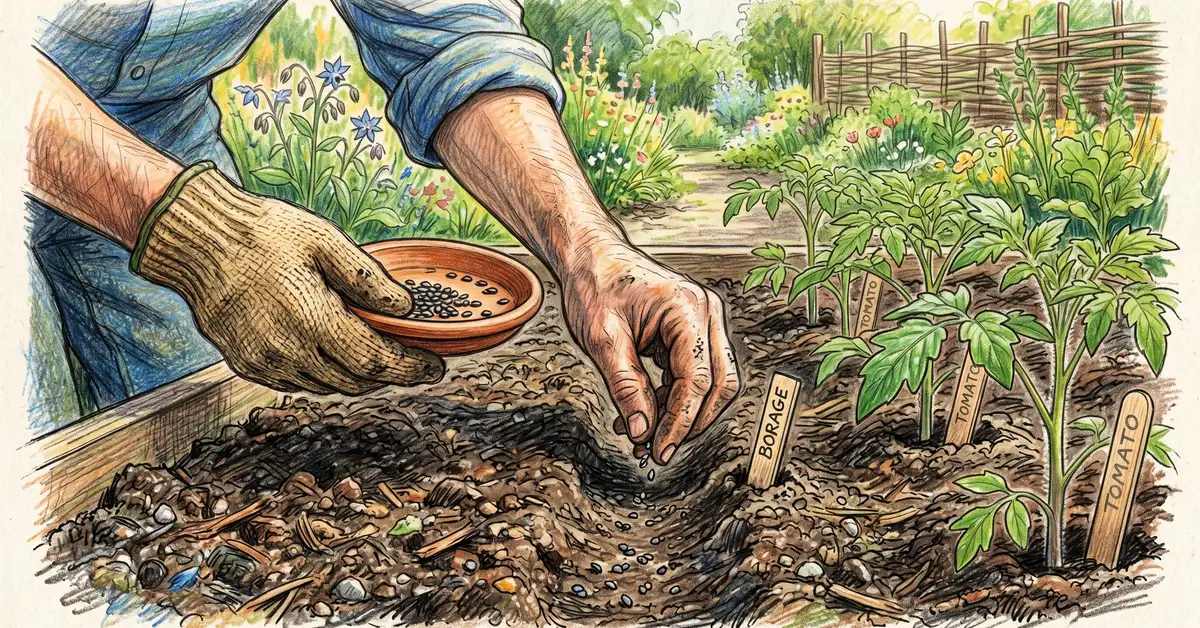 Pencil-crayon close-up of a gardener's hands sowing borage seeds in a prepared garden bed alongside young tomato seedlings in late spring