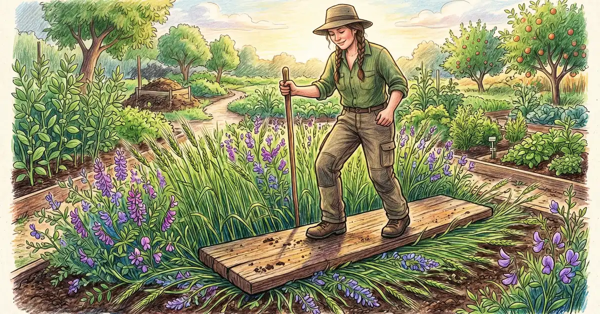 Pencil-crayon close-up of a gardener standing on a wooden board laid across a flowering cover crop patch using body weight to crimp the rye and vetch as the no-till termination method