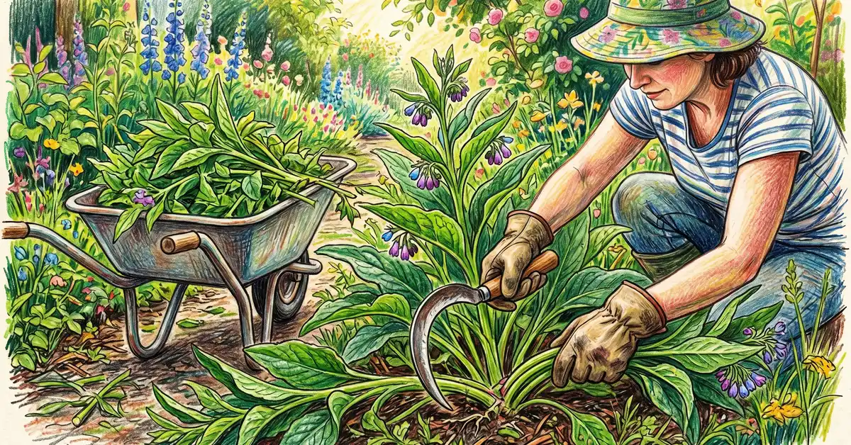Pencil crayon close-up of a gardener wearing garden gloves cutting comfrey leaves at the base of the plant with a hand sickle