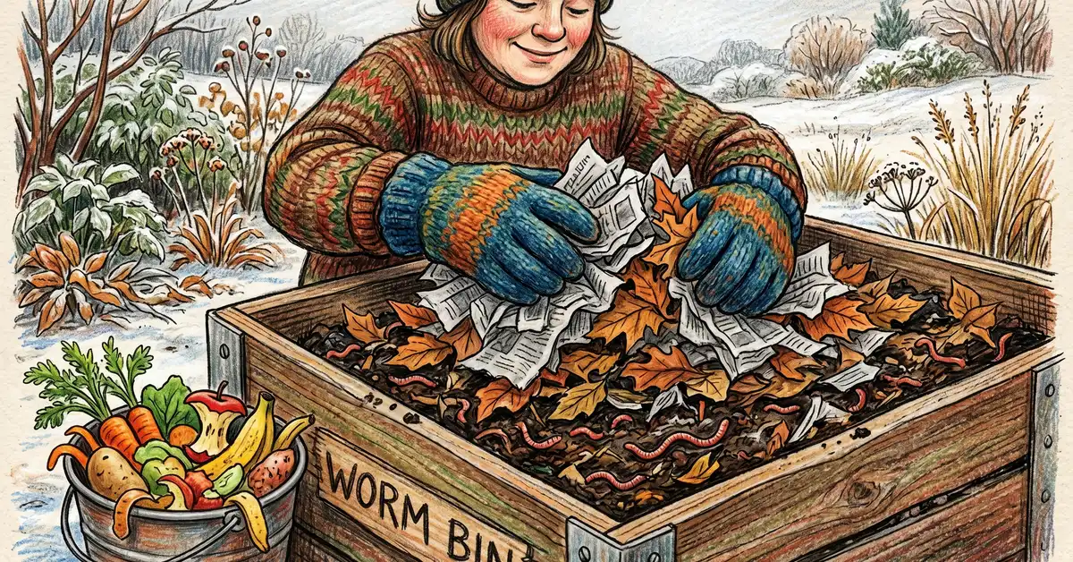 Close-up pencil crayon illustration of a gardener wearing winter gloves placing shredded newspaper and dried leaves into a worm bin as winter bedding