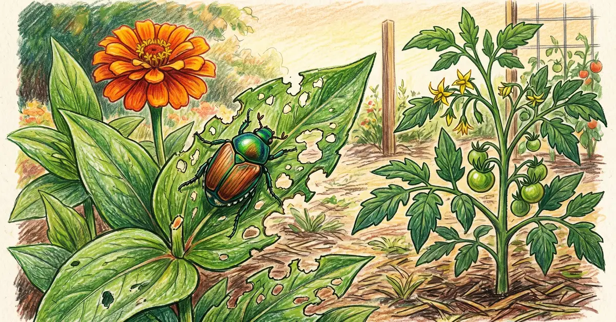 Close-up of a Japanese beetle on a zinnia leaf used as a trap crop.