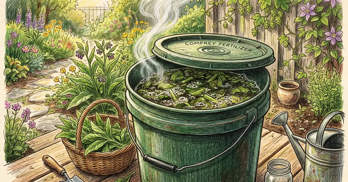 Pencil crayon close-up of a large 5-gallon bucket half-filled with chopped fresh green comfrey leaves and water fermenting in a sunny corner of a backyard garden