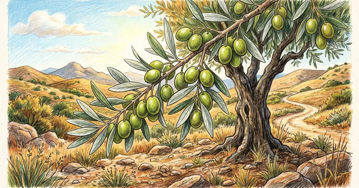Close-up pencil crayon illustration of a mature olive tree with silver-green leaves and green olives in a dry California landscape