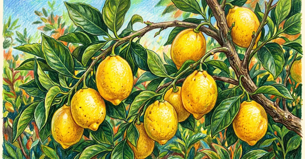 Pencil-crayon close-up of a Meyer lemon tree branch loaded with bright yellow ripe lemons and dark green leaves demonstrating a key zone 9 citrus food forest plant
