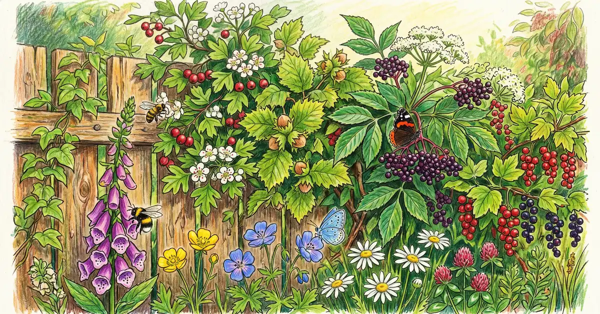 Pencil crayon close-up of a mixed hedgerow along a backyard fence with hawthorn, hazelnut, elderberry, currants, and wildflowers with bees and butterflies