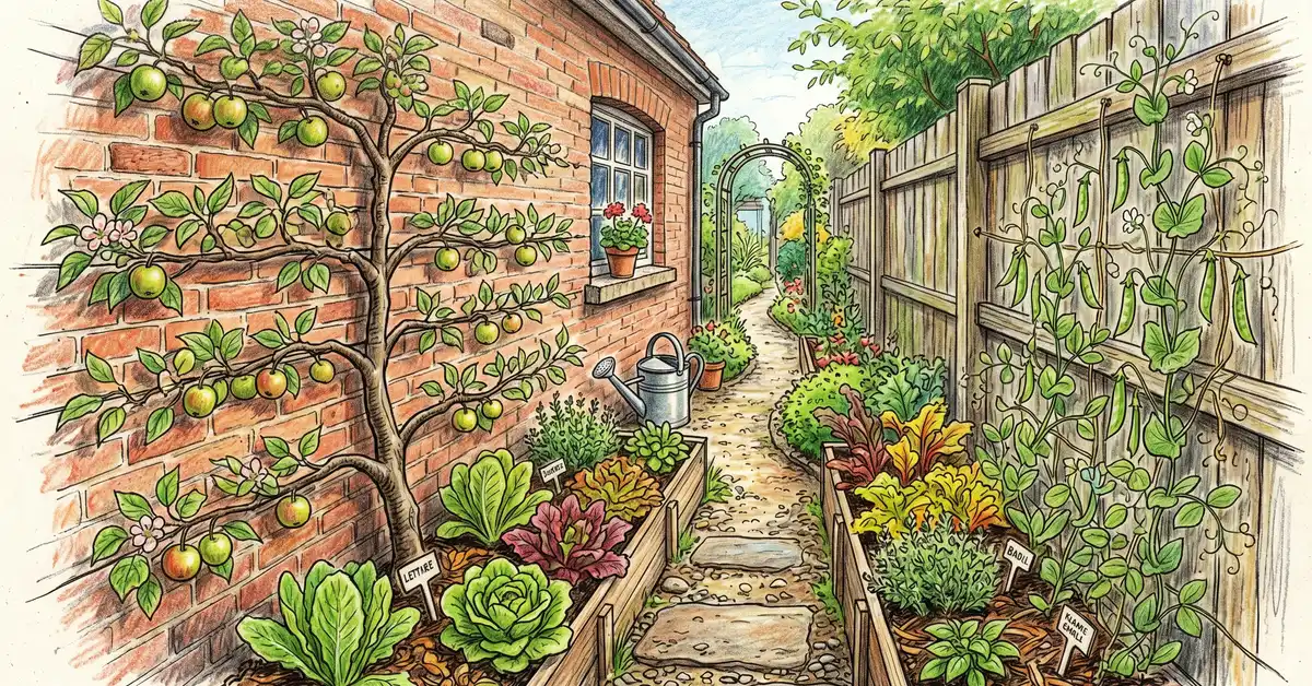 Pencil crayon close-up of a narrow side yard between a house and fence with espalier apple trees, climbing peas, and lettuce in raised beds